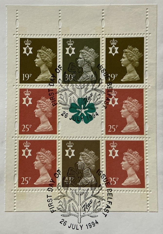 GB QEII 1994 Northern Ireland Machin Pane RM FDC Belfast Flax SHS