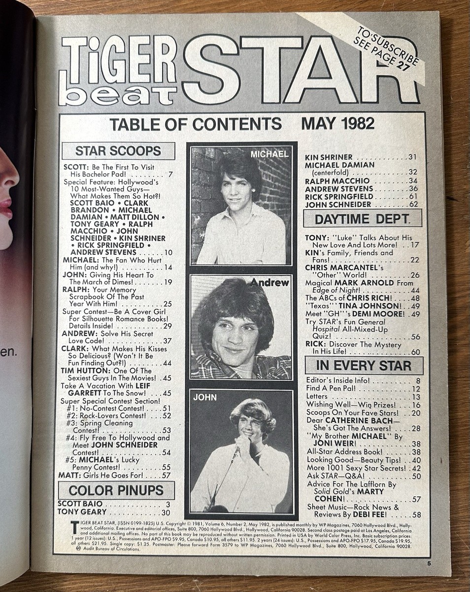 Vintage TIGER BEAT STAR Magazine May 1982 May Michael Damian