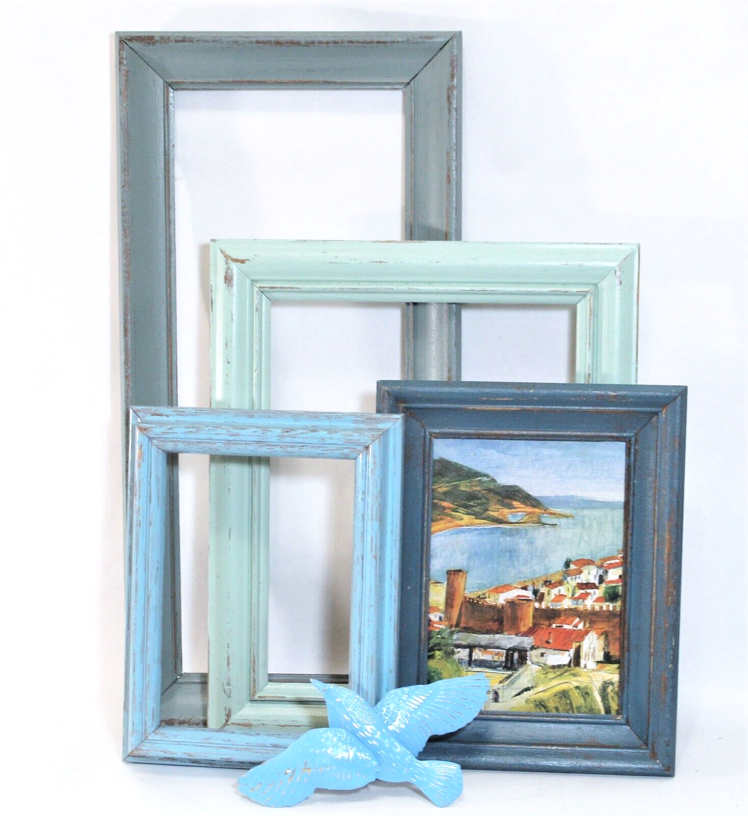 Vintage Wood Picture Frames in Blue Aqua Green Gallery Wall Set of 4-image