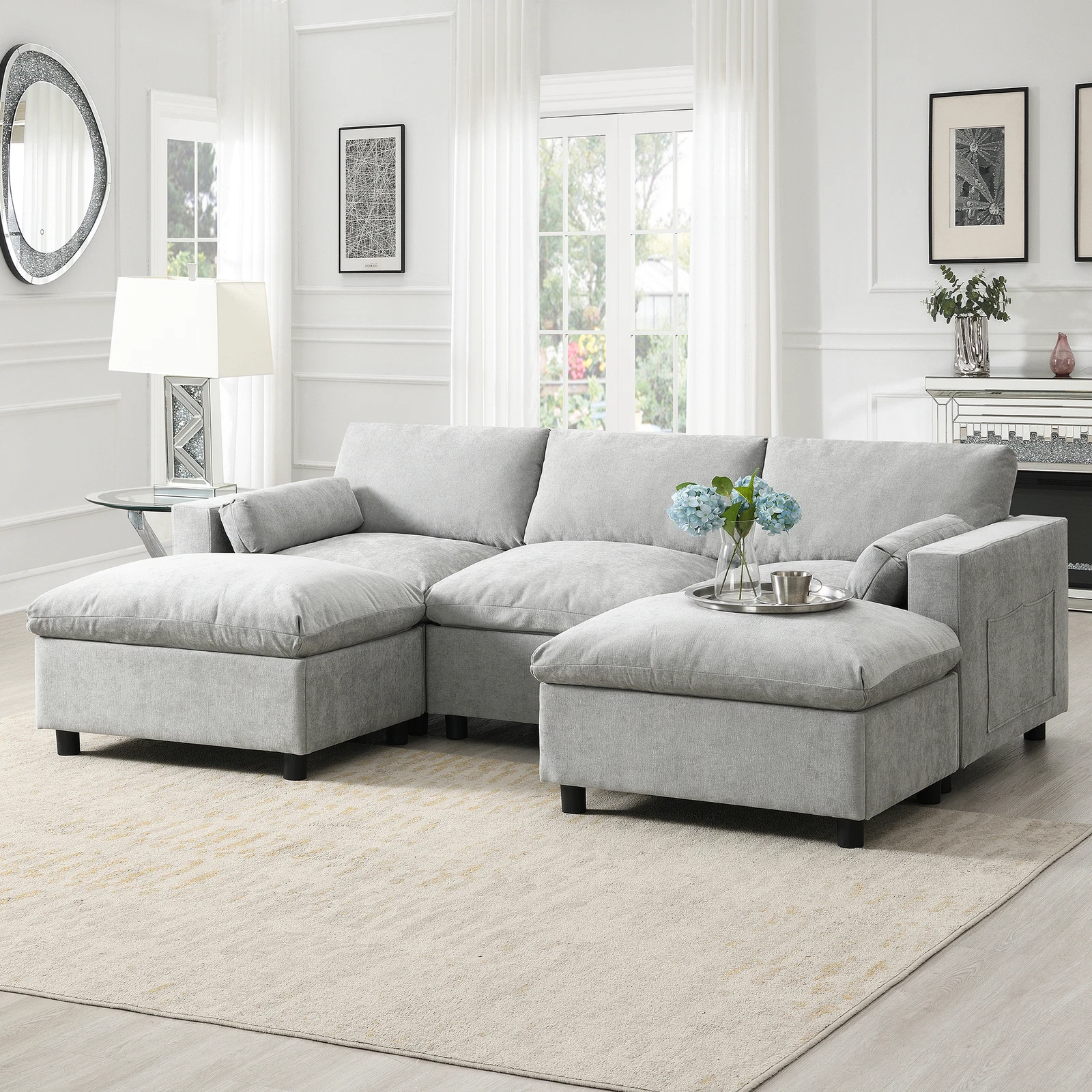 Chenille Modular Sectional Sofa Storage Pockets 5Seat U Shaped Couch Medium grey