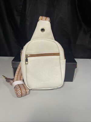Telena Sling Bag/Cross Body Small Zip Close Beige/w Brown , Gold Hardware NWT