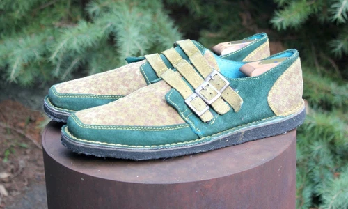 John Fluevog Creeper Shoes Green Yellow Blue Crepe Argyle 11 Men's Monk Strap