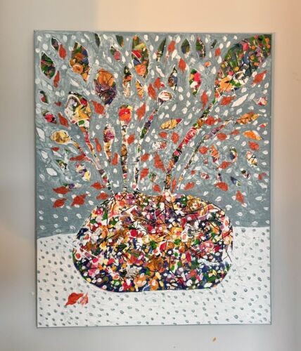 Floral Folk Art Still Life Original Art Painting Blue and White Flower modern