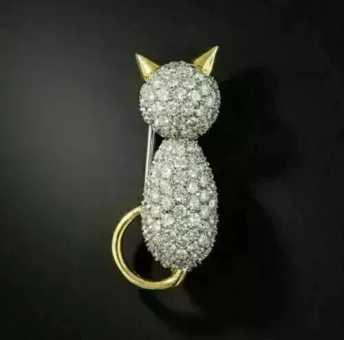Broche broche gato Moissanite real 2 quilates corte redondo 14K dos tonos chapado en oro plateado Foto 2 de 4