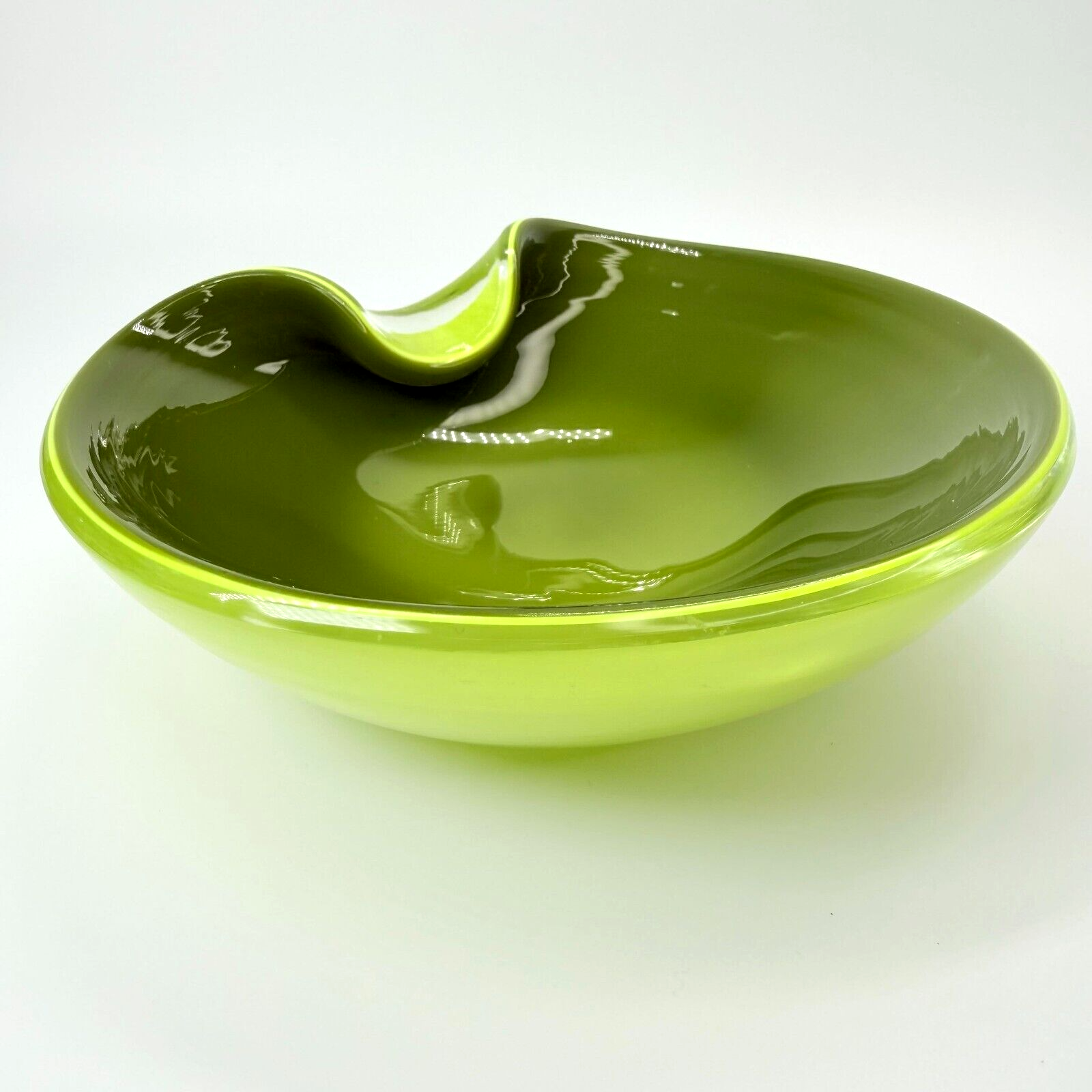 Vintage Murano Green Folded Edge Glass Candy Dish Center Bowl