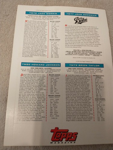 1992 Topps Magazine Baseball Uncut Sheet Cards with John Goodman as The Babe - Picture 2 of 3