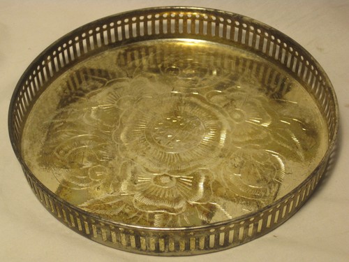 ancien E.P.N.S. orné Plateau gravé Inde gravé gravure fleur fleur service plaqué argent - Photo 1/9