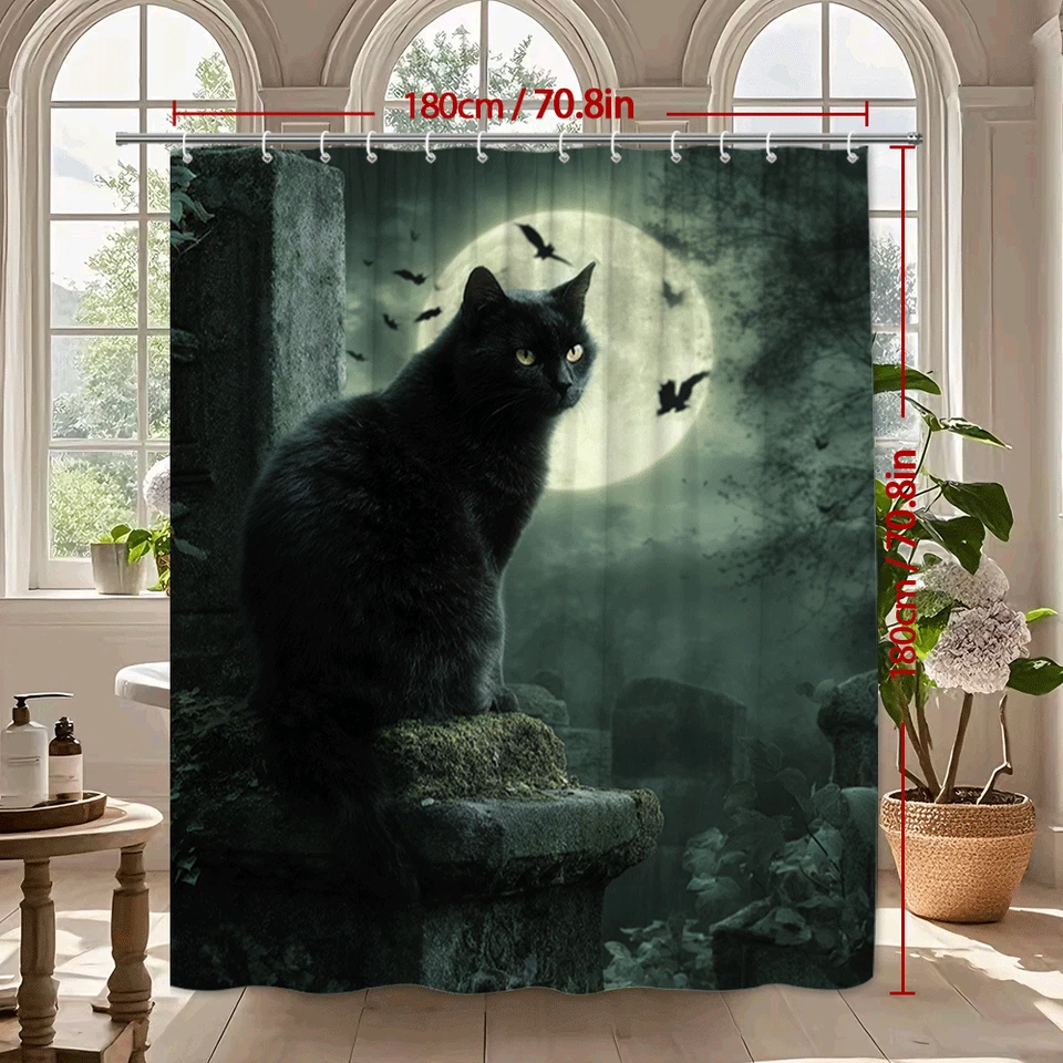 1 pieza Cortina de Ducha Gato Negro Luz de Luna - Decoración de Baño Gótica Halloween Foto 3 de 4