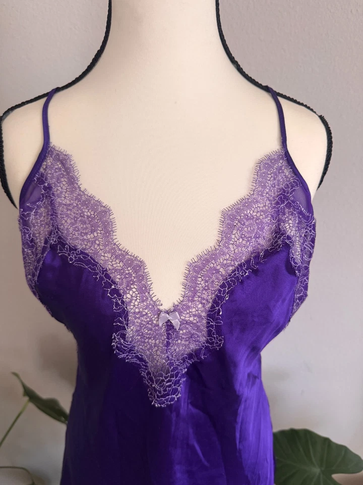 Victoria's Secret Purple Satin Lace Chemise Slip Crisscross Back Size L - Image 2 of 4
