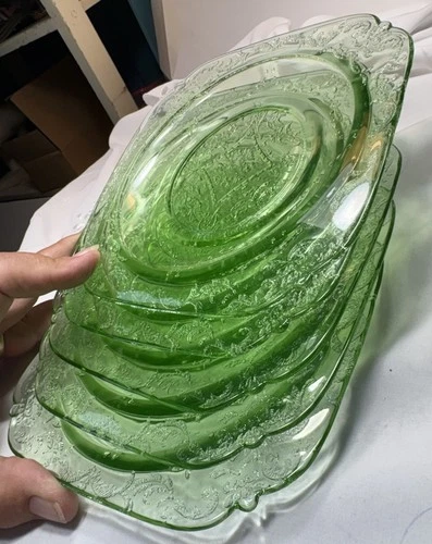 Federal Glass Uranium 6” Bread Plate Dessert Madrid Green Depression Set Of 5