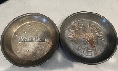 2 Vintage PORTH PIES & CASE MOODY Tinned Steel Metal Pie Tart Plate Pans 9 