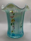 Vintage Fenton Aquamarine Opalescent Stretch 6” Vase Ruffle Rim Hand Painted