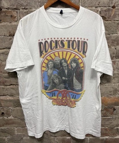 Vintage 90s Aerosmith ROCKS TOUR 1976 1977 White Tultex Shir 1970s vintage concert t-shirt, vintage, size XL, single stitch, B+ condition