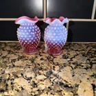 Pair Vintage Fenton Vase Cranberry Opalescent Hobnail Glass Bud Vase Ruffle Rim