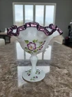 Fenton Handpainted With Pansies, Plum Crested Compote, 6" Tall