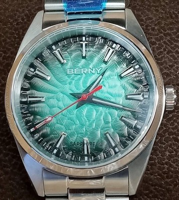 BERNY 2954M Miyota Quartz Luxury Men  Lume Sapphire 100M Fume Blue 38mm Watch