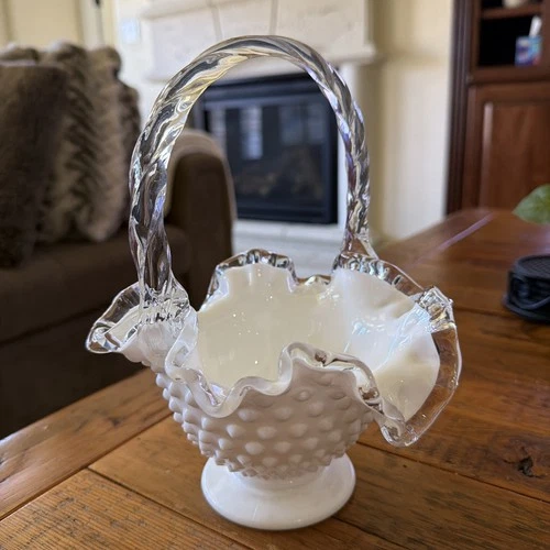 VTG Fenton Hobnail Silver Crest Basket with Ruffle Edge Crimped Handle Pedestal