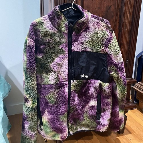 STUSSY Reversible Tie Dye Micro Fleece Sherpa Jacket L Green / Purple / Black - Picture 13 of 15