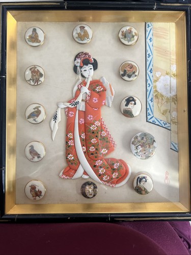 Antique Japanese Satsuma Ceramic/Porcelain H-Painted Buttons In Custom Frame 12