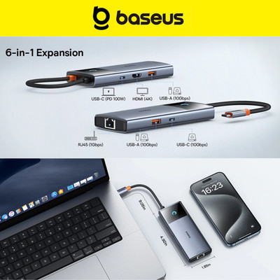 Baseus 6-in-1 USB-C Hub   4K@60Hz HDMI & 100W PD - One-Click Screen-Off *NEW*