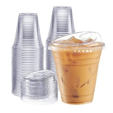 Clear Plastic Cups with Lids [12 oz - 100 Count] - Disposable Iced Coffee Dri...