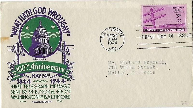 4 '44 FDCs 100th Anniv. of Telegraph SC#924 on Grimsland Cachet Craft, ArtCraft
