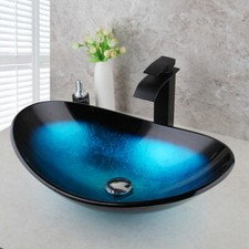 Oval Tempered Glass Vessel Sink  Faucet For Bathroom Pop-Up Drain Combo Tap Set