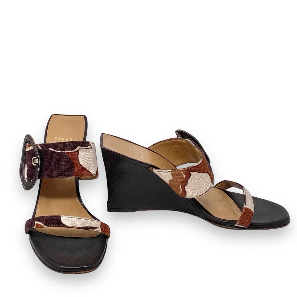 Stuart Weitzman Camouflage Double Strap Wedge Heels Slides Buckle Open Toe Brown - Imagem 3 de 4