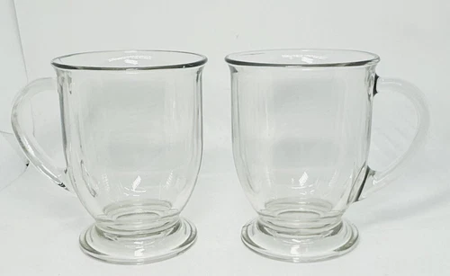 2 Vintage Anchor Hocking Coffee Mugs Footed Cafe Latte Mocha Clear Glass 16 oz
