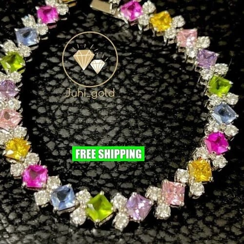 14K White Gold Plated 8CT Princess Simulated Multi Color Diamond Tennis Bracelet - Image 3 of 4