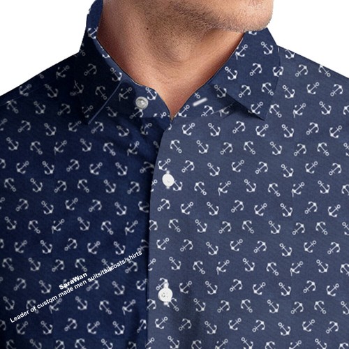 Navy Blue Casual Floral Men Dress Shirts Long Sleeve Custom Made Men