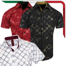 Designer Shirt Short Sleeve Men Luxury Bronze Italian Stripe Logo Stretch Button