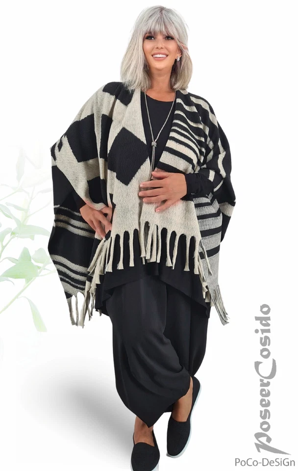 LAGENLOOK Poncho Pullover Überwurf Jacke 42 44 46 48 50 52 54 56 58 schwarz ecru - Bild 3 von 4
