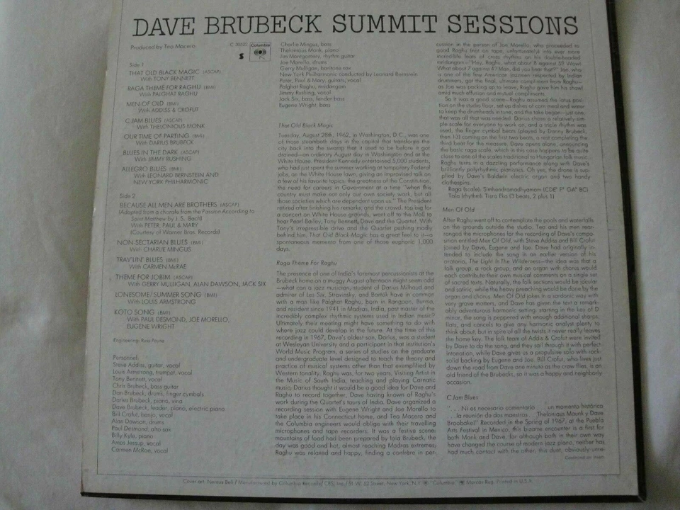 DAVE BRUBECK SUMMIT SESSIONS ORIGINAL COLUMBIA RECORDS C 30522, STEREO EX Foto 2 de 4