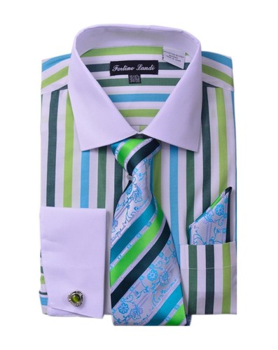 Men's Bold Stripes Dress Shirt w/ Matching Tie & Hanky Set #629 Lavender - Picture 8 of 8
