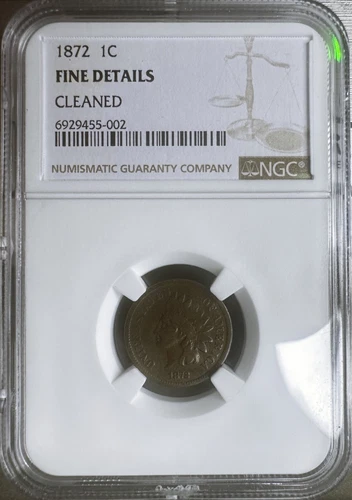 1872 indian head penny NGC Fine details cleaned
