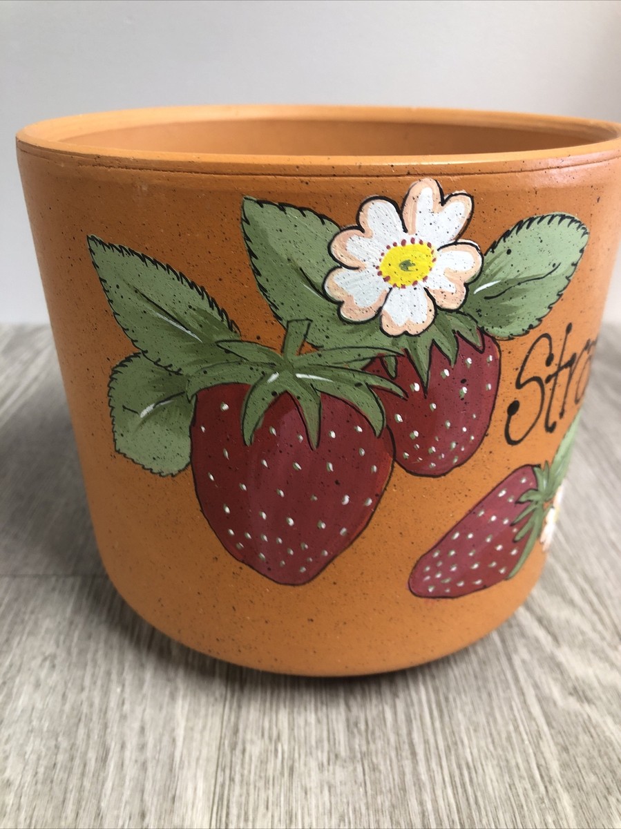 Vintage Hand Painted Strawberry Plant Terra Cotta Pot  display picture 1