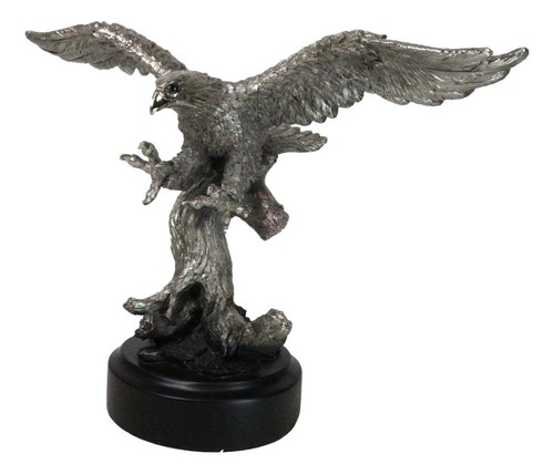 Large Majestic Electroplated Pewter Silver Bald Eagle Catching Prey Statue - Picture 4 of 10