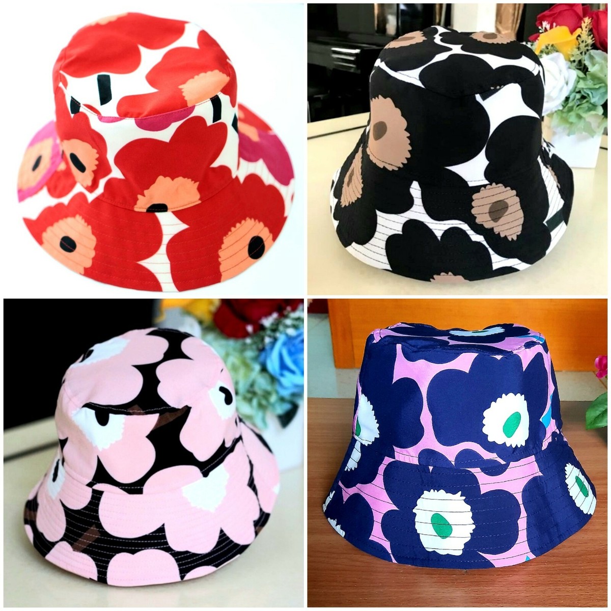Fashion Colorful Marimekko Fabric Unikko Poppy Bucket Hat, Sun Hat