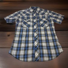 Wrangler Western Men s S Small Pearl Snap Beige Blue Double Pocket Shirt