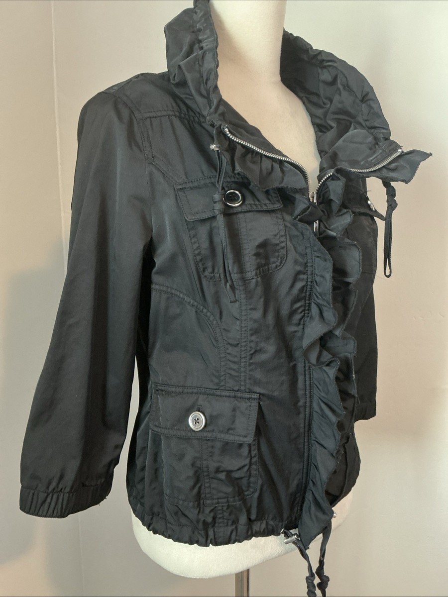 White House Black Market WHBM Black Ruffle Windbreaker Full Zip Sz 8 View 5