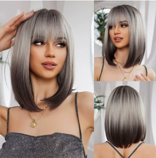 Short Bob Straight Gradient Brown Gray Synthetic Hair Wigs Women Soft With Bangs