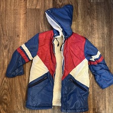 Vintage 80s Kids Colorblock Sherpa Lined Winter Jacket Red White Blue Hooded