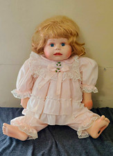 Baby Girl Doll Curly Blonde Hair Blue Eyes Light Complexion Pink Lace Dress