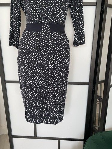 Hobbs Navy Turquoise Spotted Jersey Dress Size 14 Elastic Waist Pockets - Picture 3 of 9