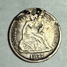 1877 Seated Liberty silver dime. Love token with MS ? Plugged, some damage. #m