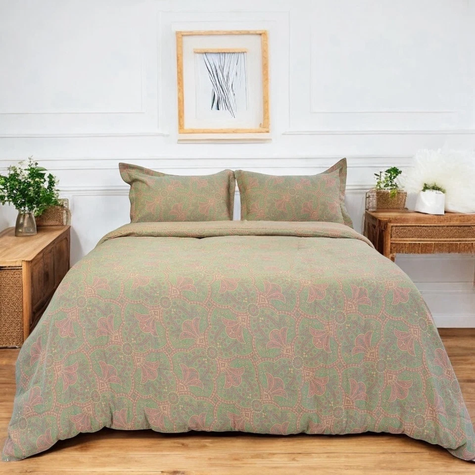 NUEVO Anthropologie Verde Rosa Paisley Algodón Boho Queen Ropa de Cama Edredón Juego Falso Foto 2 de 4