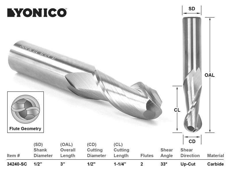 1/2" Dia. 2 Flute Ball Nose CNC Router Bit - 1/2" Shank - Yonico 34240-SC