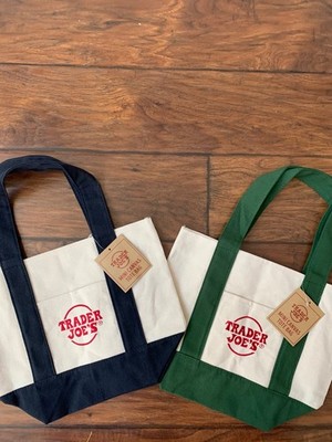 Trader Joe's Mini Canvas Tote Bag Green & Blue Set of 2 Brand New 2025 Release
