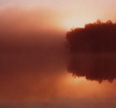 1970s Stunning Sunrise Reflection Misty Lake Autumn Colors Scene Beautiful